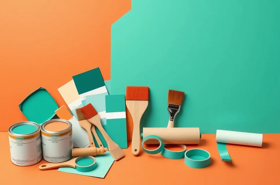 Pots de peinture, nuancier, brosses et rouleaux disposés à plat