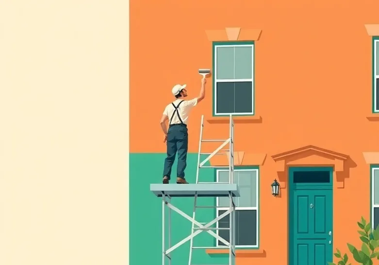Peintre sur échafaudage traitant la façade d'une maison