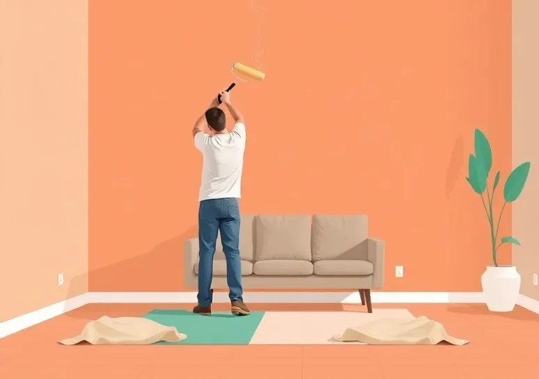 Peintre appliquant la peinture au rouleau sur un mur de salon